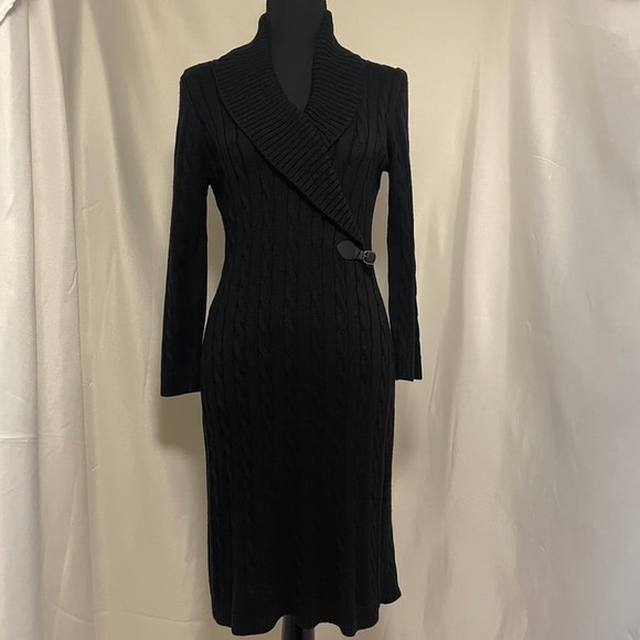 Calvin Klein cable-knit black sweater dress long-sleeved side tie belt - Picture 1 of 6